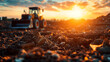 Tractor at a landfill during sunset representing waste management, environmental challenges, recycling, and sustainability.