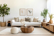 Leinwandbild Motiv Round wood coffee table against white sofa. Scandinavian home interior design of modern living room.