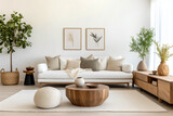 Fototapeta Panele - Round wood coffee table against white sofa. Scandinavian home interior design of modern living room.