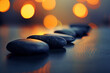 Close-up of hot stones placed along the spine of a relaxed person lying on a massage table, dimly lit spa setting, serene and therapeutic