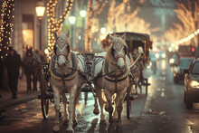 Horse-Drawn Carriages: Create images of elegantly decorated horse-drawn carriages parading through the streets, with a vintage filter effect to enhance the traditional feel of the event.