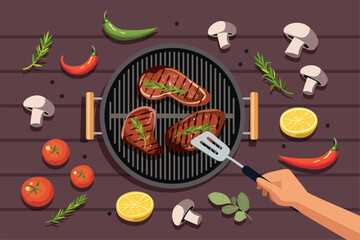 Bbq grill party top view grilled meat and vegetables.Man hand cooking steaks.Vector flat style cartoon illustration