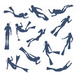 Divers silhouettes. Scuba diving, snorkeling characters with tools and equipment for underwater explore and swimming. Recent vector swim characters