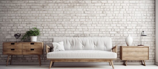 Poster - A white couch is positioned next to a wooden dresser in a stylish room with a white brick wall. The furniture pieces create a simple yet elegant aesthetic.