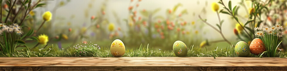Poster - A wooden product display top with an Easter background of painted eggs and green grass and meadows.