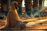 Fototapeta  - Serene man meditating in grand mosque