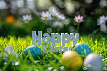 Wall Mural - Celebratory Easter message with colorful eggs nestled among vivid green grass and spring flowers