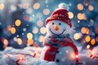Christmas snowman with lights on background, in the style of soft focus lens, sky-blue and crimson, canon eos 5d mark iv, smilecore, detailed background elements, cute and colorful.