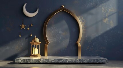 Wall Mural - 3d gold mosque Lantern podium and crescent ornaments. Islamic Ramadan Kareem product promotion greeting background with copy space