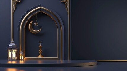 Wall Mural - 3d gold mosque Lantern podium and crescent ornaments. Islamic Ramadan Kareem product promotion greeting background with copy space