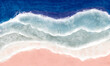 Beach. Sea. Pink sand. Top view, applied with brush strokes. The effect of painting with watercolor