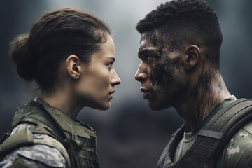 AI generated portrait of two confident soldiers woman and man looking at each other