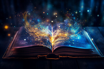 Poster - Generative ai collage of bewitched magic book open page with bright glitter bokeh