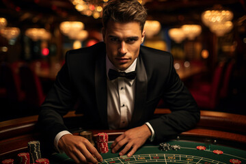 Luxurious restaurant casino las vegas vip night Generative AI poker slots cards roulette players gamers.