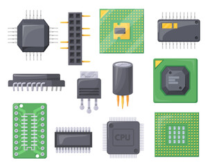 Poster - Cartoon semiconductor chips. Gpu or cpu processor microchip for motherboard and electronic circuit board, computer smartphone micro chip mobile phone, neat vector illustration