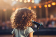 AI generated rear view photo of charming small girl standing on stage illuminated in front of crowd