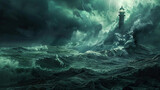 Fototapeta  - Monstrous storm waves crashing against the shore a lighthouse standing defiant the raw power of sea and climate