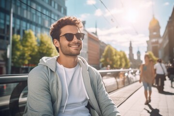 Wall Mural - Stylish man in city, sunglasses, relaxed vibe.