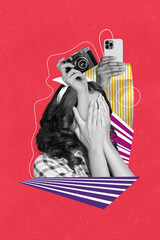 Poster - Vertical collage picture young girl cover face hide paparazzi camera shooting digital devices camera phone photographing recording