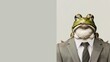 a frog wearing a suit with a tie on a plain white background on the left side of the image and the right side blank for text,