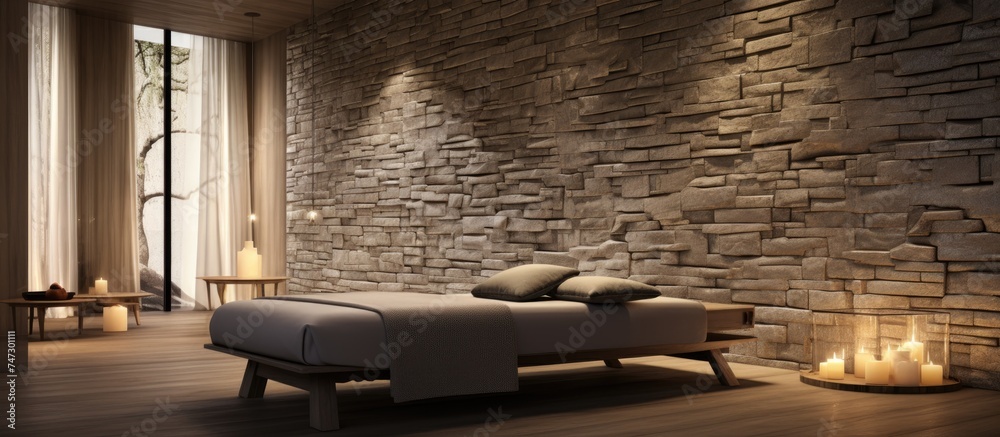 A bedroom featuring a contemporary design with a prominent stone wall ...