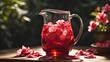 A pitcher of iced hibiscus tea with floating petals under dappled sunlight