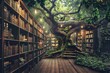 A majestic tree stands tall in an outdoor library, its branches adorned with shelves of books for readers to explore