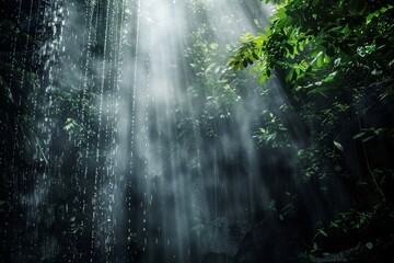 Wall Mural - A tranquil jungle landscape with a cascading waterfall, as sunlight filters through the leaves of the towering trees
