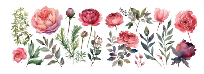 Poster - Elegant Collection of Hand-Painted Watercolor Flowers and Leaves, Perfect for Invitations, Greeting Cards, and Wall Art