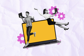 Poster - Collage image of two mini excited black white effect people jump huge laptop screen cogwheel gear isolated on pink paper background