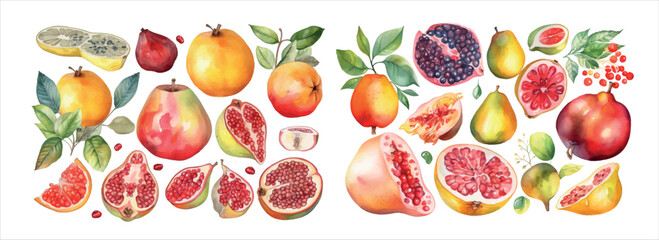 Poster - Vibrant Watercolor Illustration of Various Fresh Fruits and Berries, Whole and Sliced, Adorned with Lush Green