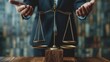 Close-up of a lawyer in a suit holding the scales of justice, symbolizing law, balance, and fairness in the legal system.