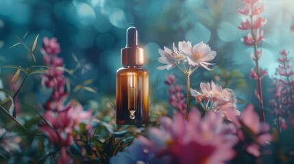 Wall Mural - Cosmetic dropper bottle mockup A glass bottle with aromatic oil or serum with flowers near. Skin care essential oil bottle with dropper product mockup