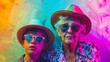 grandmother with hat and grandson, crazy colorful lifestyle concept
