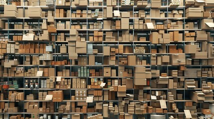  Interior of a spacious warehouse filled with cardboard boxes on shelves - commercial logistics and shipping distribution background - storehouse cargo storage scene