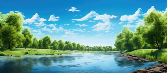 Wall Mural - A river cuts through a vibrant green field, bordered by lush forests under a clear blue sky on either side.