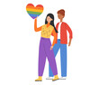 © Marta Sher - LGBT community. Women lesbians or bisexuals hug and hold rainbow heart. Pride parade. LGBTQ pride month. Vector illustration in flat style