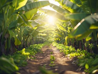 Wall Mural - Banana Plantation: Embracing the Bounty of Nature in a Lush and Vibrant Banana Garden. As the Sun Kisses the Horizon