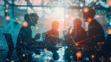 Poster - Dynamic Team Collaboration: Innovating in the Modern Workspace – Double Exposure of Business Professionals Brainstorming in Office Environment  