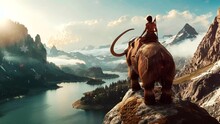 hunter riding a mammoth on a hill with beautiful views. Seamless looping time-lapse virtual 4k video animation background	
