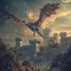 Wall Mural - dragon atop the cliff: a mystical encounter in the moonlit night. against the backdrop of majestic m