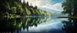 A painting depicting a tranquil lake nestled among a forest of majestic trees, reflecting the beauty and peacefulness of the natural surroundings.