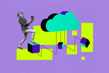 Fototapete - Creative photo collage picture yung crazy laughing man step cube internet connection cloud wireless digital cyber system drawing background