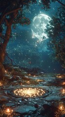 Canvas Print - Enchanted Circle. Forest's Nighttime Symphony of Nature and Magic. Underneath the Moon's Ethereal Glow, Trees Stand Tall as Guardians of the Mystical Realm