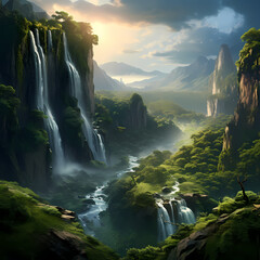 Wall Mural - A majestic waterfall in a lush green landscape.