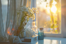 Cozy Windowsill With Flowers And Sunlight - Warm Sunlight Streaming Through A Window With White Flowers And A Blue Bottle On The Windowsill
