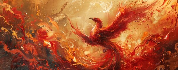 Wall Mural - Flight of the Phoenix. Blaze of Fire Against Night Sky. With Wings Spread Wide, the Firebird Soars Through the Inferno, Its Plumage Aglow with Fiery Red and Orange