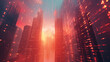 Abstract graphs and statistics in a modern city sky. Skyscrapers, panoramic view. Concept of trading and financial markets. Mock up toned image double exposure.