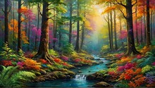 Colorful And Vibrant Forest With Lush Trees, Sparkling Streams, And Various Wildlife.
