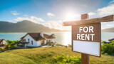 Fototapeta Kwiaty - For rent sign with tropical beach in background. Ocean front vacation rental property